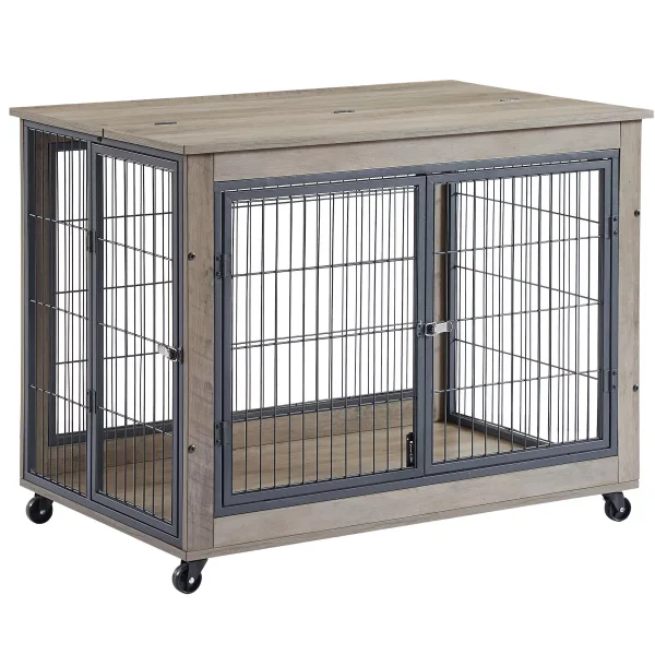38.58 inch Double-Door Dog House with Lift Top and Wheels-Gray