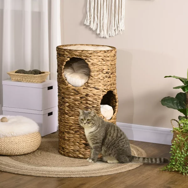 Pet Beds Elevated Cat Bed, Cat Tower Kitten Bed Cat House, With Three Hideaways, Four Soft Plush Cushions, Brown, 15.75"*15.75"*28.75"