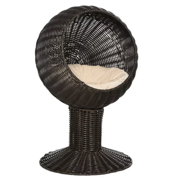 Black Raised Cat Bed in Wicker Weave, Equipped with Scratching Spot & Cushion