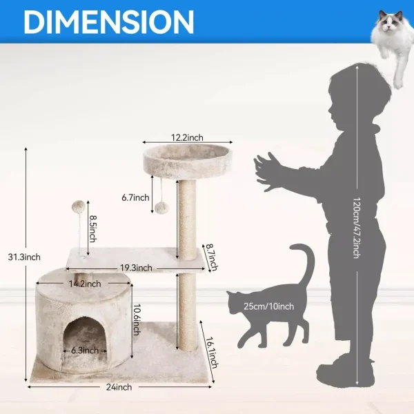 31 Inch Cat Tree with Scratching Posts and Cat Playhouse for Adult Cats 3 Layer - Image 2