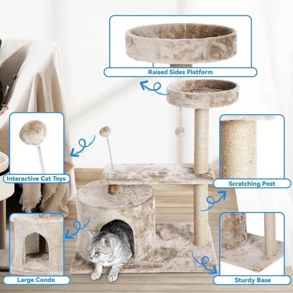 31 Inch Cat Tree with Scratching Posts and Cat Playhouse for Adult Cats 3 Layer - Image 4